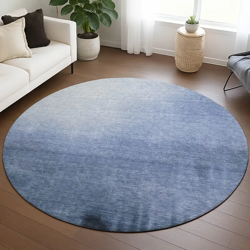 8' Navy Blue Charcoal And Sky Blue Round Abstract Washable Indoor Outdoor Area Rug Photo 5