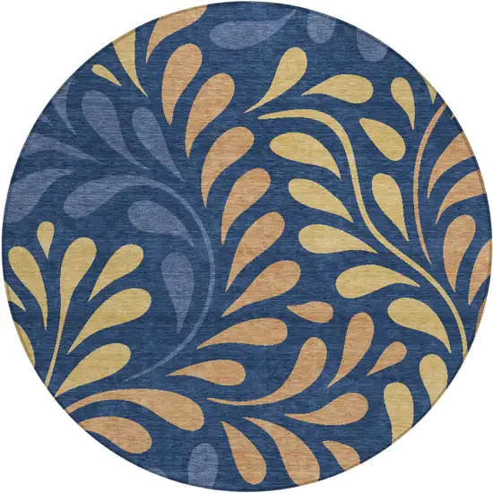 8' Navy Blue Copper And Gold Round Botanical Leaves Washable Indoor Outdoor Area Rug Photo 1