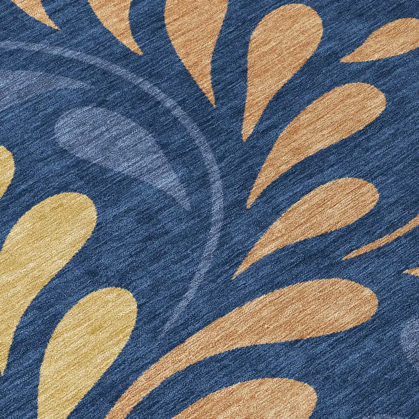 8' Navy Blue Copper And Gold Round Botanical Leaves Washable Indoor Outdoor Area Rug Photo 9