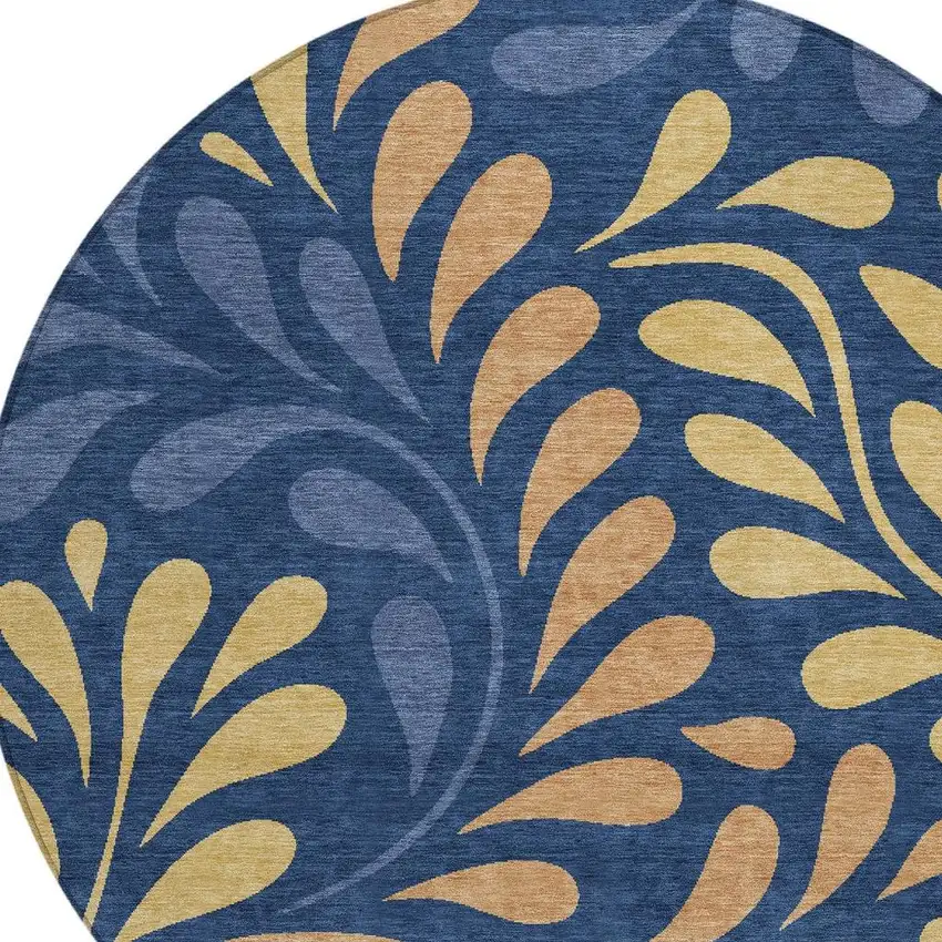 8' Navy Blue Copper And Gold Round Botanical Leaves Washable Indoor Outdoor Area Rug Photo 2