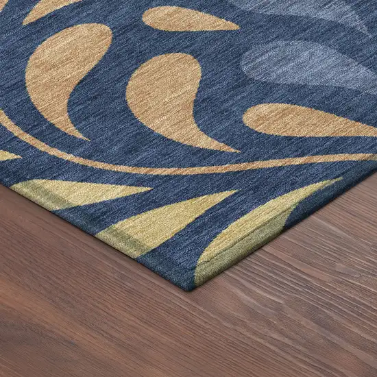 8' Navy Blue Copper And Gold Round Botanical Leaves Washable Indoor Outdoor Area Rug Photo 8