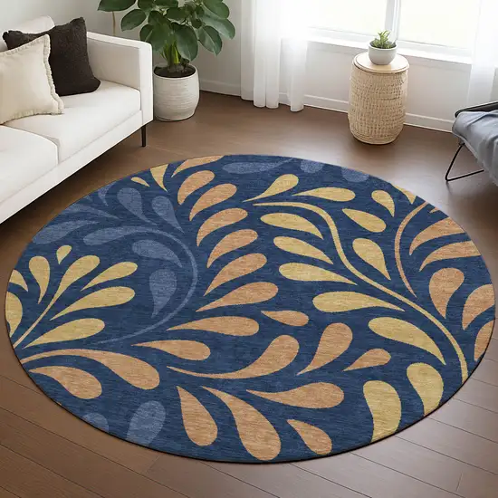 8' Navy Blue Copper And Gold Round Botanical Leaves Washable Indoor Outdoor Area Rug Photo 5