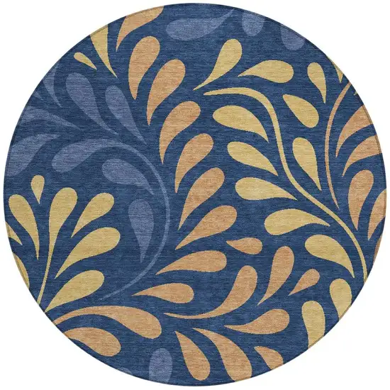 8' Navy Blue Copper And Gold Round Botanical Leaves Washable Indoor Outdoor Area Rug Photo 3