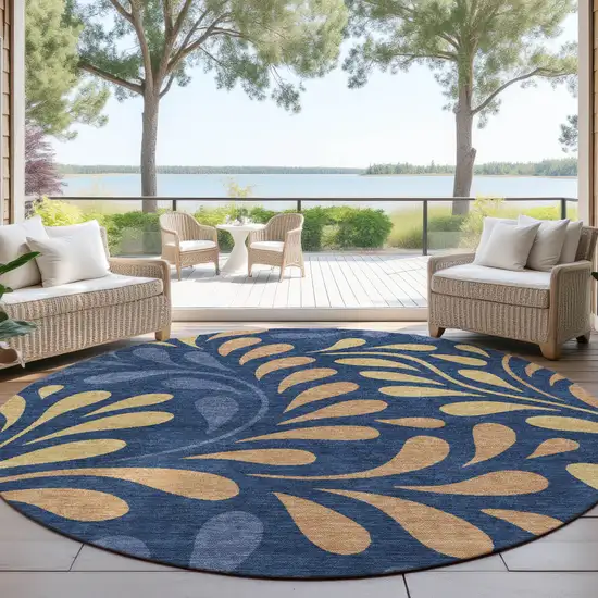 8' Navy Blue Copper And Gold Round Botanical Leaves Washable Indoor Outdoor Area Rug Photo 4