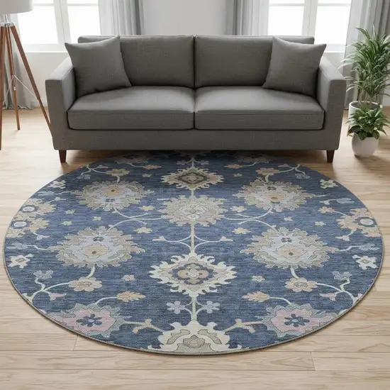 8' Navy Blue Copper And Gray Floral Washable Round Rug With UV Protection Photo 2