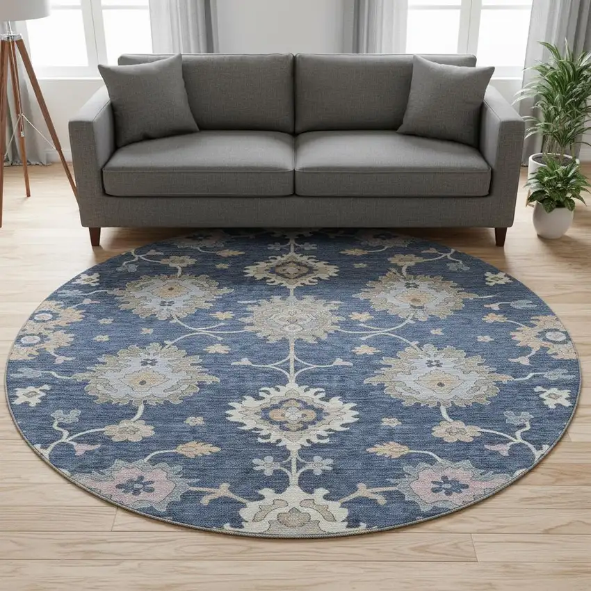 8' Navy Blue Copper And Gray Floral Washable Round Rug With UV Protection Photo 2