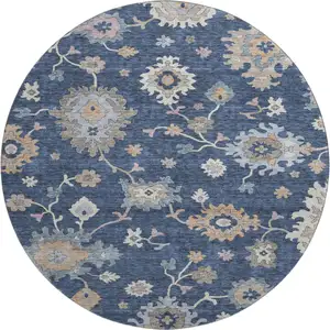 Photo of 8' Navy Blue Copper And Gray Floral Washable Round Rug With UV Protection