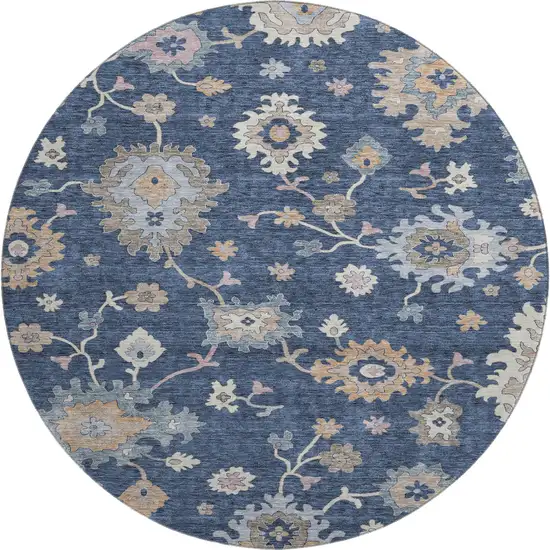 8' Navy Blue Copper And Gray Floral Washable Round Rug With UV Protection Photo 1