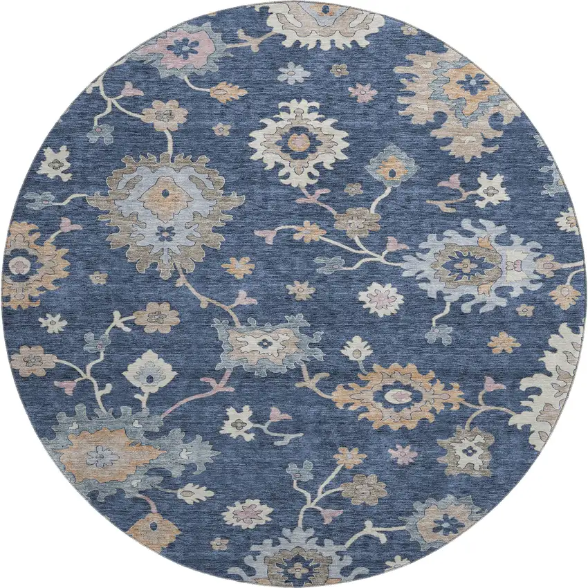 8' Navy Blue Copper And Gray Floral Washable Round Rug With UV Protection Photo 1