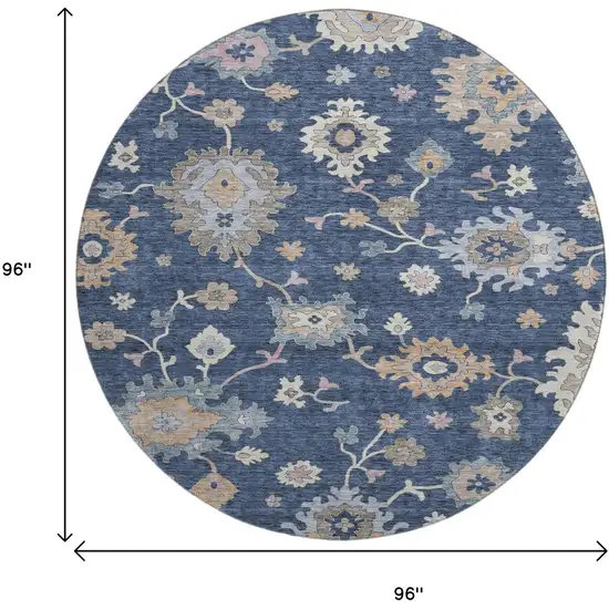 8' Navy Blue Copper And Gray Floral Washable Round Rug With UV Protection Photo 9