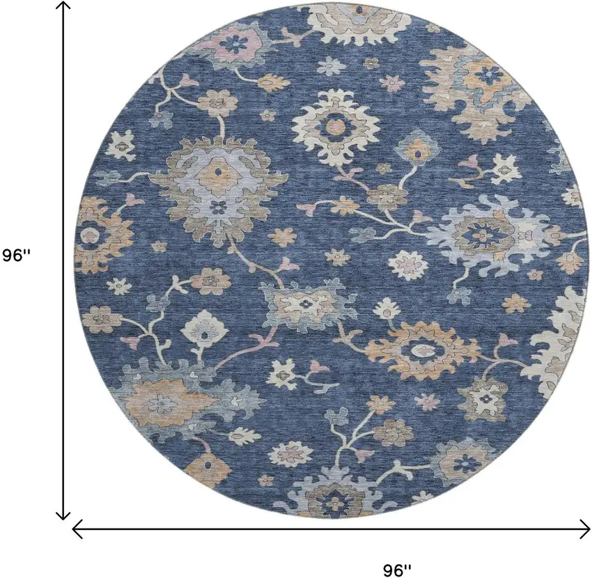 8' Navy Blue Copper And Gray Floral Washable Round Rug With UV Protection Photo 9