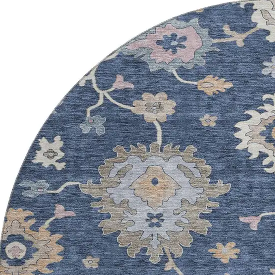 8' Navy Blue Copper And Gray Floral Washable Round Rug With UV Protection Photo 3