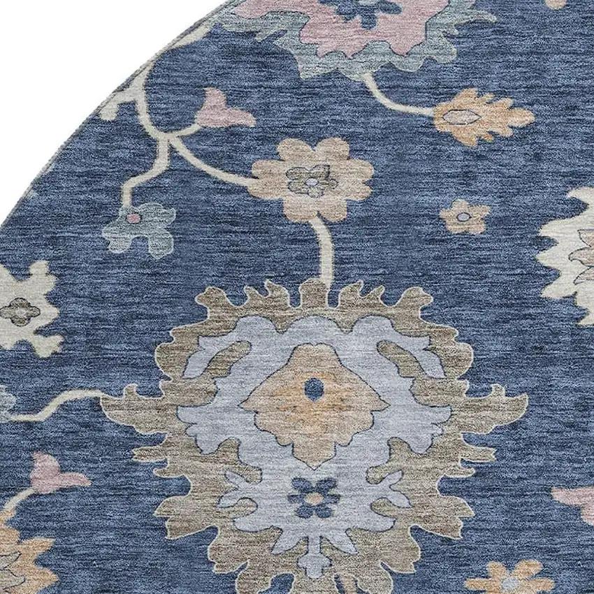 8' Navy Blue Copper And Gray Floral Washable Round Rug With UV Protection Photo 2