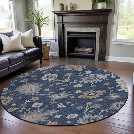 8' Navy Blue Copper And Gray Floral Washable Round Rug With UV Protection Photo 4
