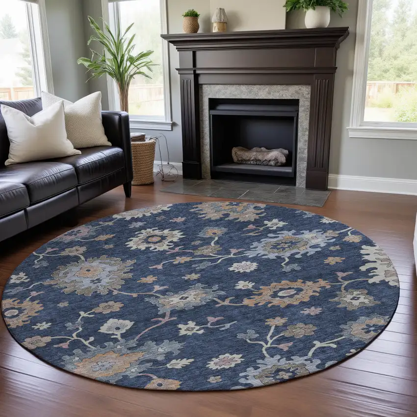 8' Navy Blue Copper And Gray Floral Washable Round Rug With UV Protection Photo 4