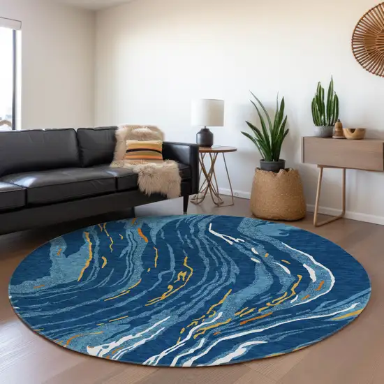 8' Navy Blue Copper And Ivory Abstract Washable Round Rug With UV Protection Photo 4