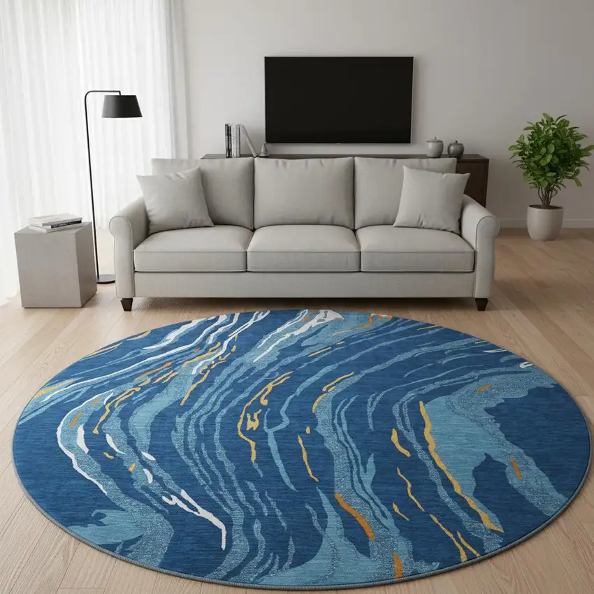 8' Navy Blue Copper And Ivory Abstract Washable Round Rug With UV Protection Photo 2