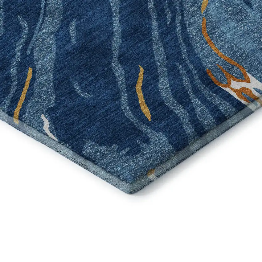 8' Navy Blue Copper And Ivory Abstract Washable Round Rug With UV Protection Photo 6