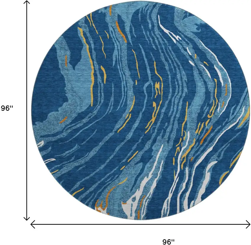 8' Navy Blue Copper And Ivory Abstract Washable Round Rug With UV Protection Photo 9