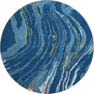 Photo of 8' Navy Blue Copper And Ivory Abstract Washable Round Rug With UV Protection