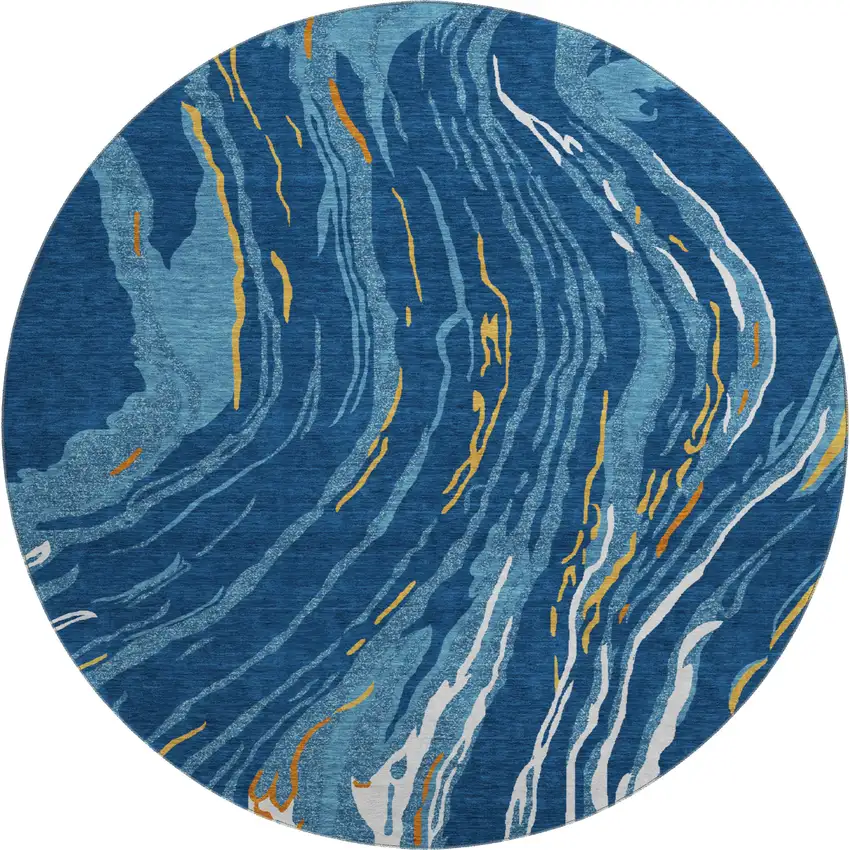 8' Navy Blue Copper And Ivory Abstract Washable Round Rug With UV Protection Photo 1