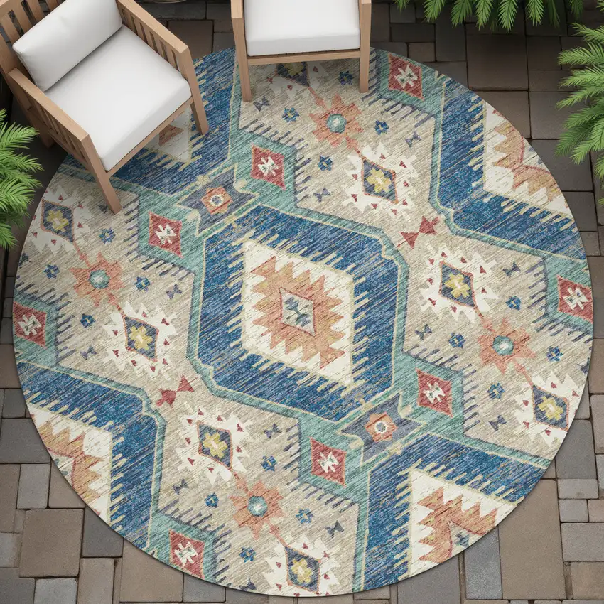 8' Navy Blue Copper And Ivory Round Moroccan Washable Indoor Outdoor Area Rug Photo 7