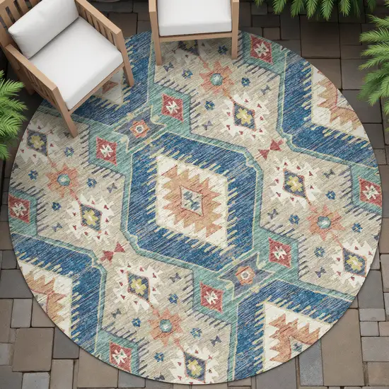 8' Navy Blue Copper And Ivory Round Moroccan Washable Indoor Outdoor Area Rug Photo 7