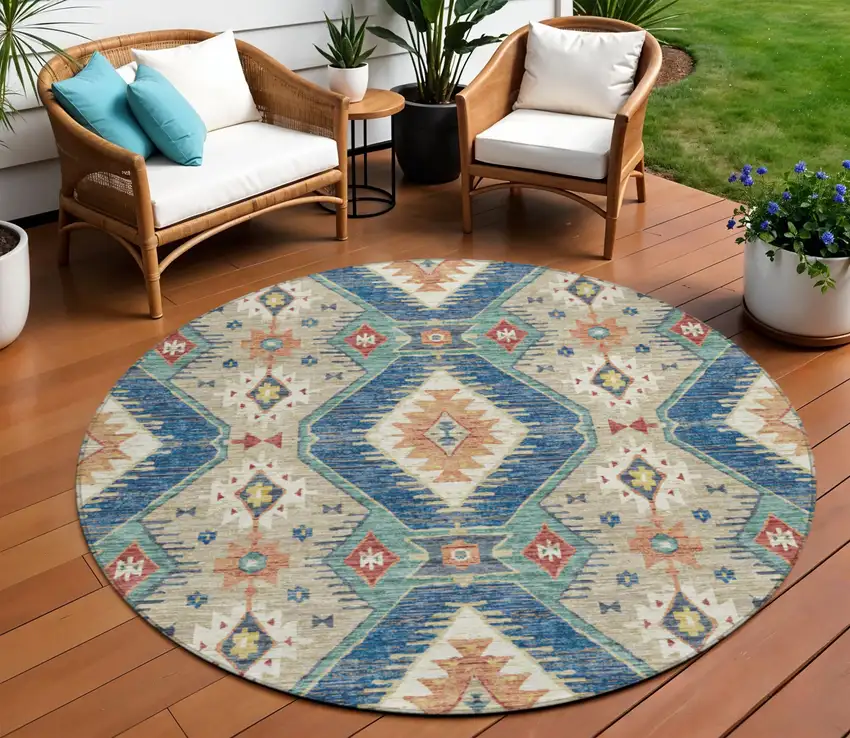 8' Navy Blue Copper And Ivory Round Moroccan Washable Indoor Outdoor Area Rug Photo 2