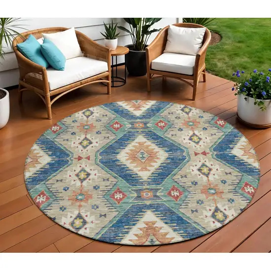 8' Navy Blue Copper And Ivory Round Moroccan Washable Indoor Outdoor Area Rug Photo 2