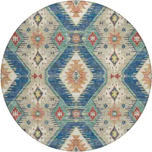 Photo of 8' Navy Blue Copper And Ivory Round Moroccan Washable Indoor Outdoor Area Rug