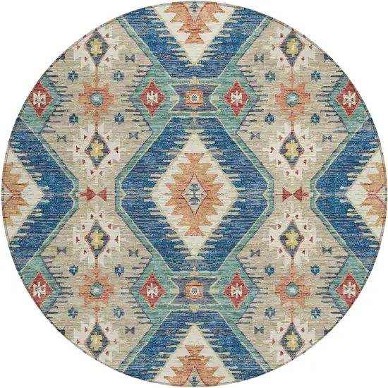 8' Navy Blue Copper And Ivory Round Moroccan Washable Indoor Outdoor Area Rug Photo 1