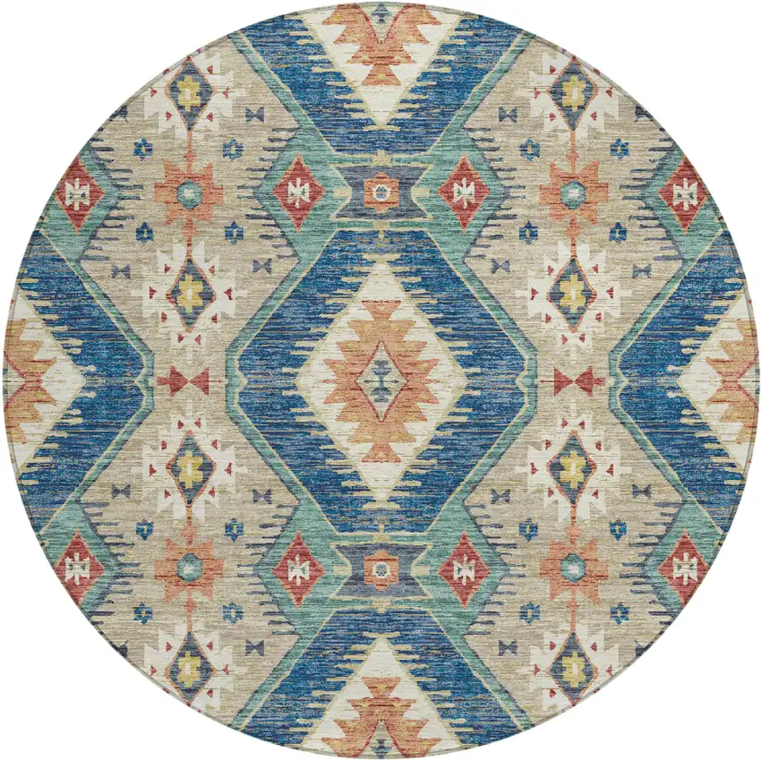 8' Navy Blue Copper And Ivory Round Moroccan Washable Indoor Outdoor Area Rug Photo 1