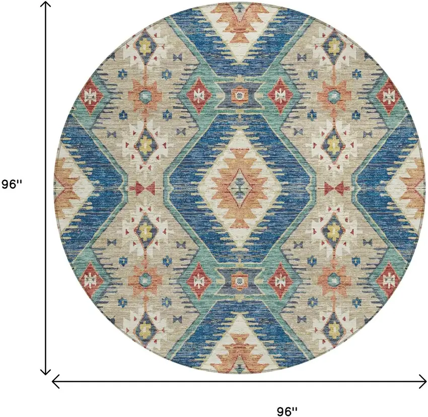 8' Navy Blue Copper And Ivory Round Moroccan Washable Indoor Outdoor Area Rug Photo 9