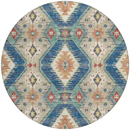 8' Navy Blue Copper And Ivory Round Moroccan Washable Indoor Outdoor Area Rug Photo 3