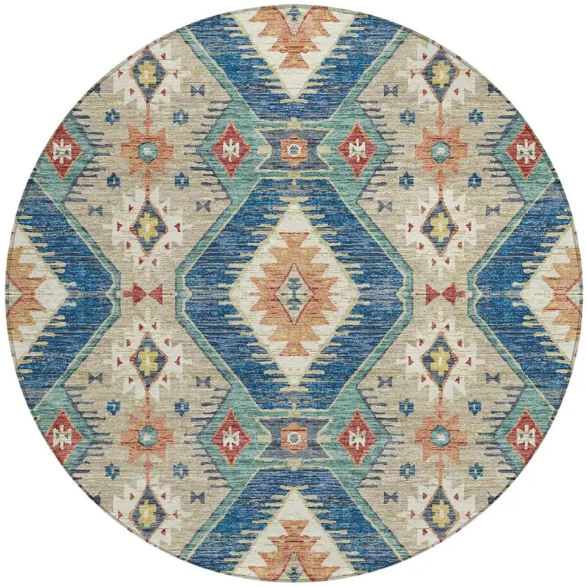 8' Navy Blue Copper And Ivory Round Moroccan Washable Indoor Outdoor Area Rug Photo 3