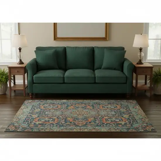 8' Navy Blue Coral And Gold Damask Washable Round Rug With UV Protection Photo 2