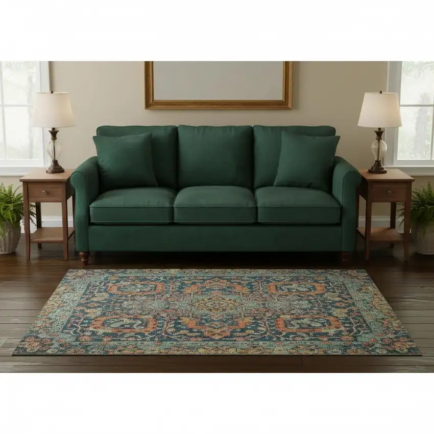 8' Navy Blue Coral And Gold Damask Washable Round Rug With UV Protection Photo 2