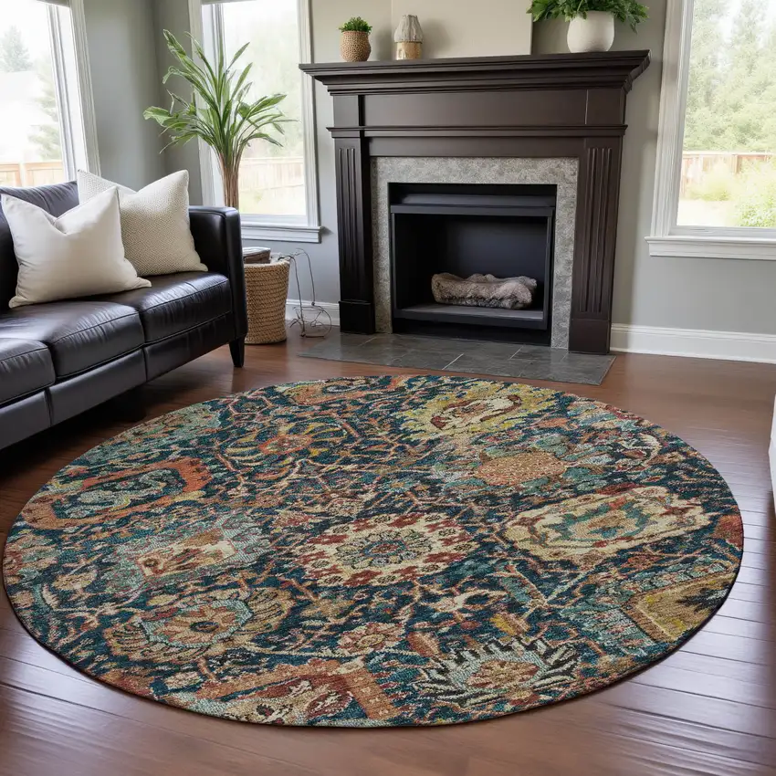 8' Navy Blue Coral And Gold Damask Washable Round Rug With UV Protection Photo 4