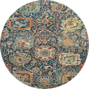 Photo of 8' Navy Blue Coral And Gold Damask Washable Round Rug With UV Protection