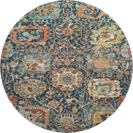 8' Navy Blue Coral And Gold Damask Washable Round Rug With UV Protection Photo 1