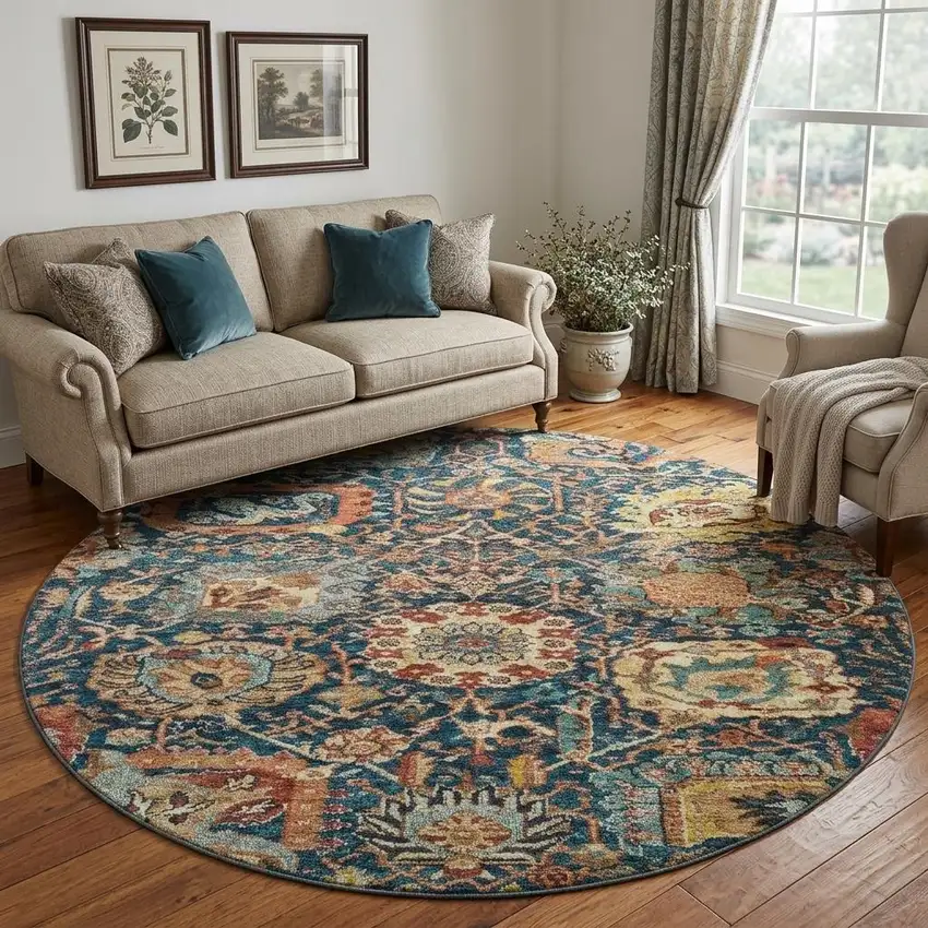 8' Navy Blue Coral And Gold Damask Washable Round Rug With UV Protection Photo 1