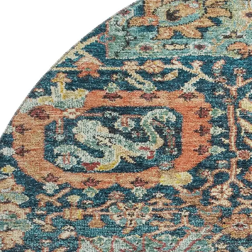 8' Navy Blue Coral And Gold Damask Washable Round Rug With UV Protection Photo 2