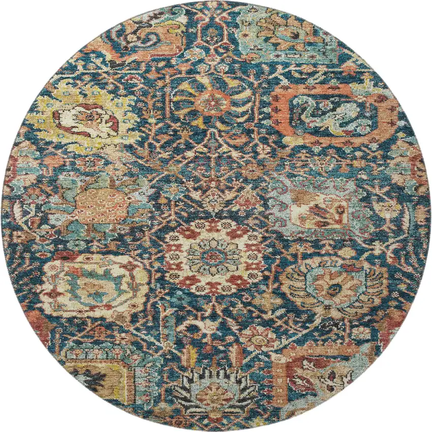 8' Navy Blue Coral And Gold Damask Washable Round Rug With UV Protection Photo 3