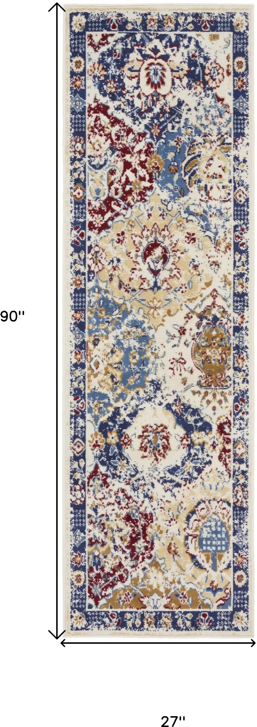 8' Navy Blue Damask Power Loom Distressed Runner Rug Photo 2