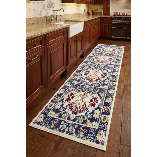 8' Navy Blue Damask Power Loom Distressed Runner Rug Photo 1