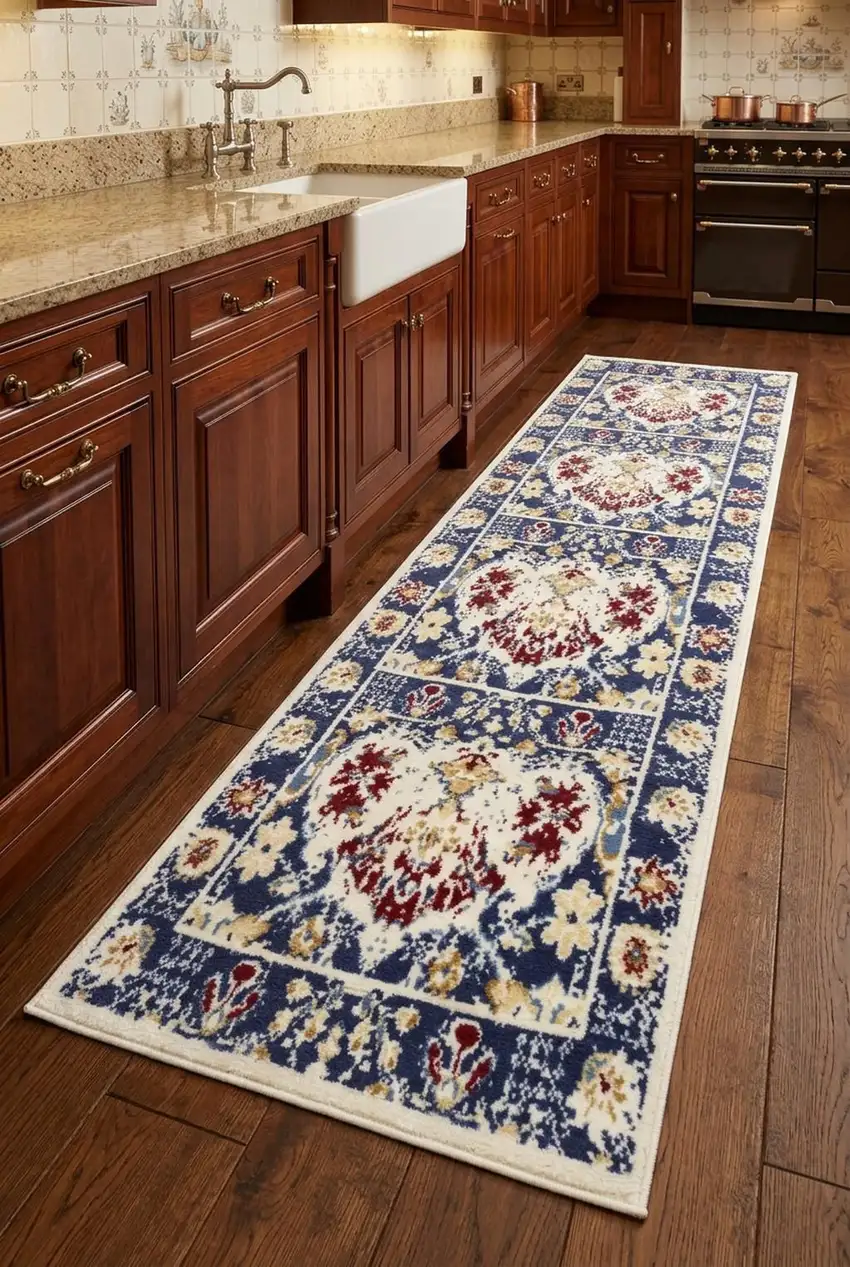 8' Navy Blue Damask Power Loom Distressed Runner Rug Photo 1