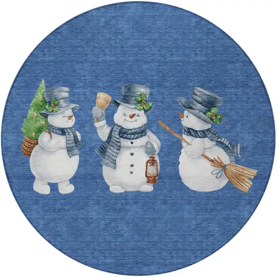 8' Navy Blue Denim Blue And Ivory Round Botanical Leaves Washable Indoor Outdoor Area Rug Photo 3