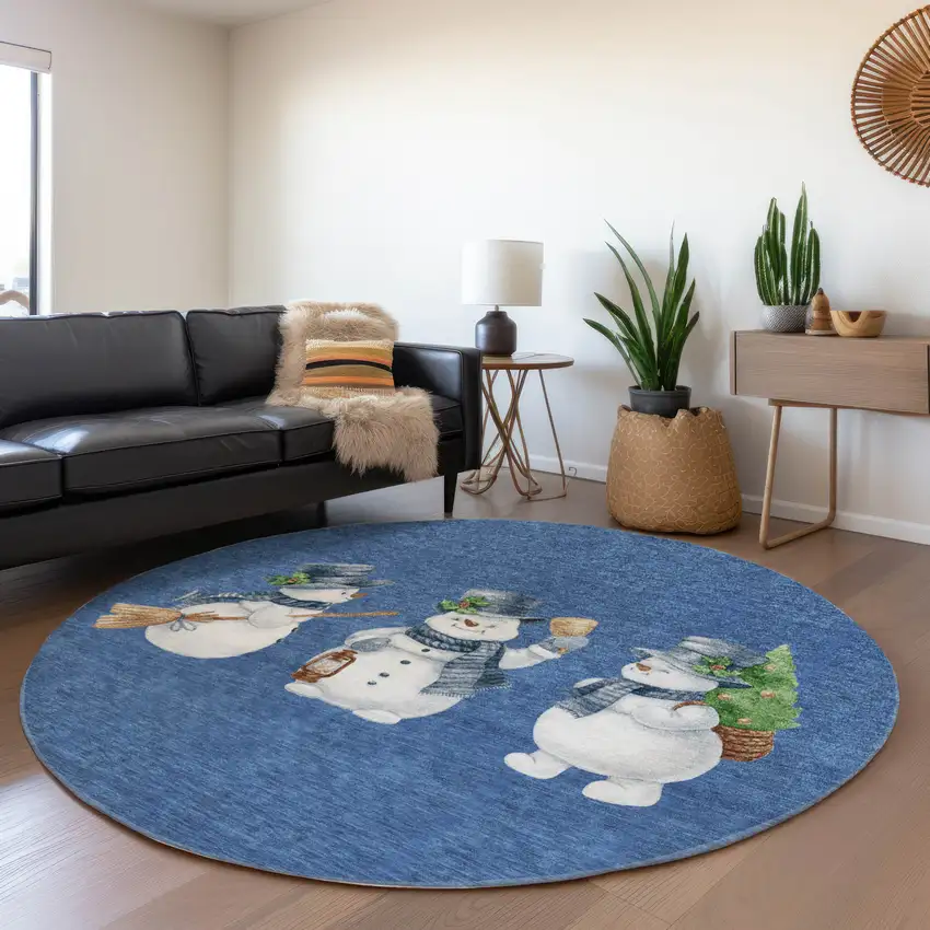 8' Navy Blue Denim Blue And Ivory Round Botanical Leaves Washable Indoor Outdoor Area Rug Photo 6