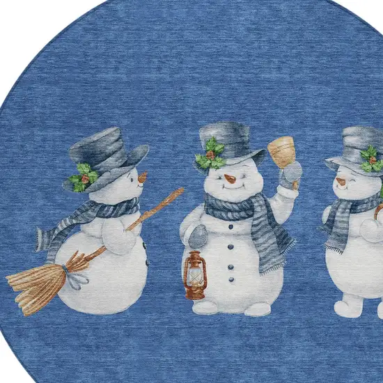 8' Navy Blue Denim Blue And Ivory Round Botanical Leaves Washable Indoor Outdoor Area Rug Photo 9