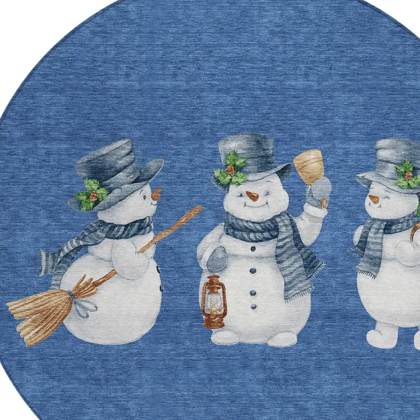 8' Navy Blue Denim Blue And Ivory Round Botanical Leaves Washable Indoor Outdoor Area Rug Photo 9